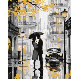 Set pictura pe numere, cu sasiu, Sarut in ploaie - culori metalizate, 40x50 cm