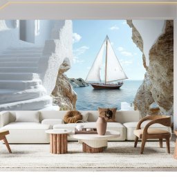 Fototapet Mediteranean cu Velier și Case Albe pe Stânci PIN12 (Alege materialul: : Autocolant Perete Laminat Mat)