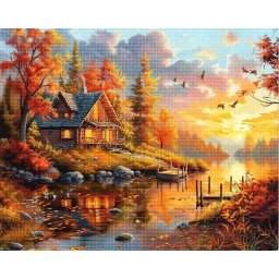 Set goblen cu diamante, cu sasiu, Apus de soare la cabana, 40x50 cm