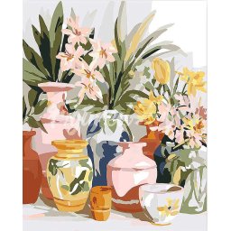 Set pictura pe numere, cu sasiu, Vase de lut si flori, 40x50 cm