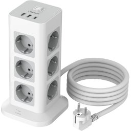 Prelungitor tip Turn Tessan TPS04-DE, cu intrerupator, 12 prize, 3 USB, 1 USB-C, 3A, protectie la supratensiune 1700J, 2500W, 10A, cablu 2m