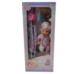 Păpușă de jucărie iepuraș în rochiță cu model, cu cărucior pliabil - 25 cm