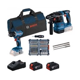 Bosch - GBH 18V-22 + GSR 18V-45 - Rotopercutor SDS-Plus, 1.9 J + Masina de gaurit si insurubat, 45 Nm + Set 2 acumulatori si incarcator, Li-Ion, 18 V, 4 Ah, accesorii, geanta textila