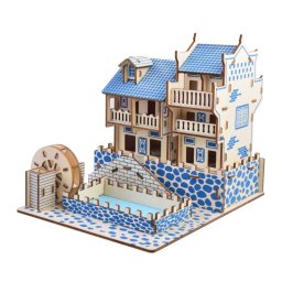 Macheta 3D din lemn Vila albastra cu piscina, 63 piese