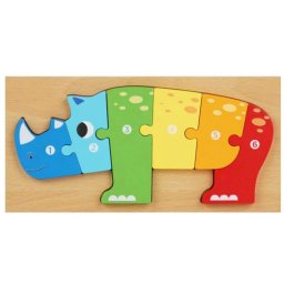 Puzzle Incastu cu animale, din lemn masiv , Piese Mari numerotate, Rinocer
