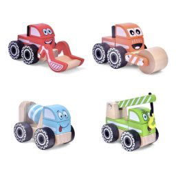 Set 4 Masinute Utilitare - Betoniera, Compactor, Excavator, Macara, din lemn