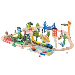 Circuit trenulet cu sine si peisaj, 108 piese din lemn, 2 trenulete, din lemn