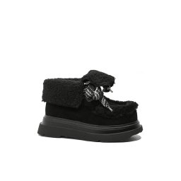 Ghete ankle Feeling cu blăniță decorativă, negre, din piele întoarsă FLGM821-38 EU