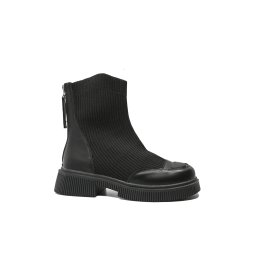 Ghete platformă Feeling negre din piele naturală cu carâmb textil FLG7199-35 EU