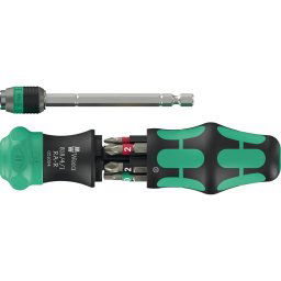 Wera Kraftform Kompakt 20 RA-R with pouch, bit set black/green, 6-piece, 1/4", with ratchet function and Rapidaptor quick-change chuck