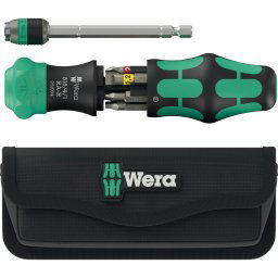 Wera Kraftform Kompakt 26 RA-R with pouch, bit set black/green, 6-piece, 1/4", with ratchet function and Rapidaptor quick-change chuck