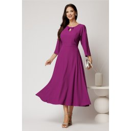 Rochie midi magenta din viscoza in clos cu funda si decupaj la decolteu