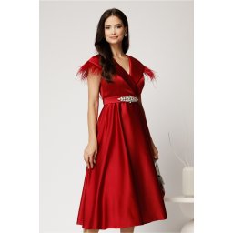 Rochie midi bordo din tafta cu pene la umeri si cordon in talie