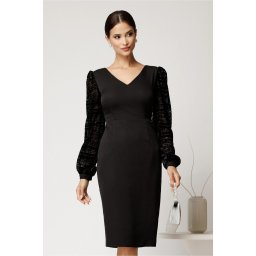 Rochie DY Fashion midi neagra din stofa conica cu maneci din dantela