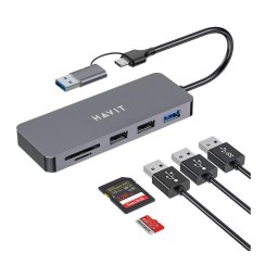 Hub USB-C multiplu 5 in 1 HAVIT HV-H41, 3 USB A, 2 SD card slot, 110 x 40 x 12 mm, Viteza transfer date 5 Gbps, Gri Argintiu