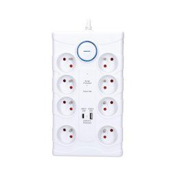 Solight PO80 - Prelungitor cu întrerupător, 8 prize, tip E, 1x USB-A + 1x USB-C, 2 m, alb