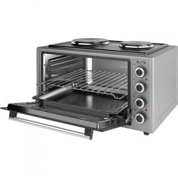 Cuptor electric cu 2 plite Elite EMO-48302G aragaz mic, 2000W, 48 L, 3 functii, Sticla dubla, Termostat, Timer, Inox