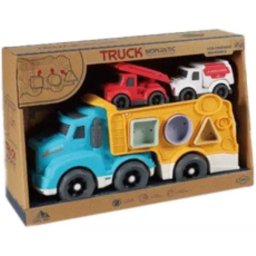 Cărucior de transport cu 4 cuburi formă și 2 mașinuțe.