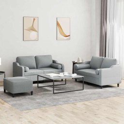 Set de canapele cu perne, 3 piese, gri deschis, textil GartenMobel Dekor