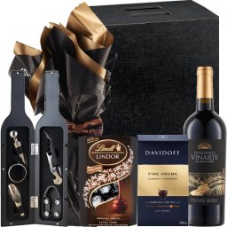 Cadou Black Tie - Ciocolata premium, Vin rosu si Accesorii elegante pentru vin