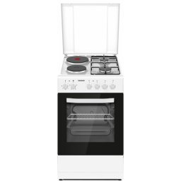 Aragaz Mixt Heinner HFSC-S56E2HSWH, 2 arzatoare Gaz + 2 plite electrice, 50x60, capac metalic, aprindere electrica, cuptor electric, Grill, Alb