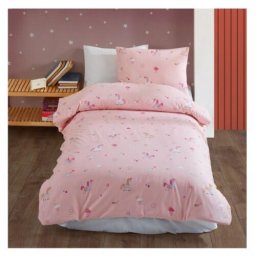 Lenjerie pat single Unicorn Studio Casa, 100% Bumbac ranforce, Cearceaf pilota 160 x 220 cm, Cearceaf pat 150 x 220 cm, 1 fata de perna 50 x 70 cm, Roz