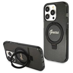 Husa Guess Ring Stand Script Glitter MagSafe case for iPhone 14 Pro Max - black