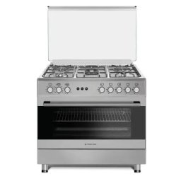 Gaz 90 cm Prato Inox Studio Casa, 5 zone de gatit, Gaz, Wok, Cuptor gaz, Rotisor, Timer mecanic, Grill electric, Gratar fonta, Aprindere electrica, Clasa energetica A, Inox, dubla ventilatie coacere