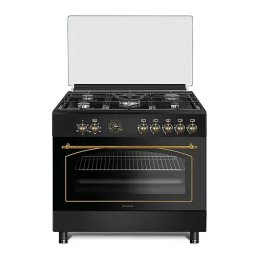 Ravena Antracit Aragaz rustic 5 arzatoare gaz, 90 cm, rotisor, cuptor electric cu ventilatie, Gratare fonta