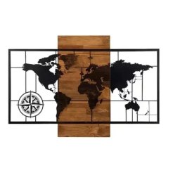 Decoratiune de perete Deco Art, Lemn si metal, Harta cu compas, 85 x 57.5 cm, Maro nuc/Negru