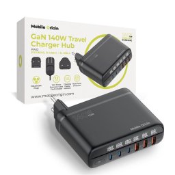 Incarcator de retea GaN 3x USB-C 3x USB-A PD QC set cu adaptor UE/UK/SUA 140W Negru