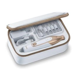 Pila electrica manichiura si pedichiura Beurer, 10 capete interschimbabile, LED, Micro USB, 3 viteze, 2 directii de rotatie, Alb/Auriu