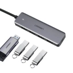 HUB extern Ugreen, "CM219" porturi USB: USB 3.0 x 4, conectare prin USB, material ABS, port micro USB 5V, lungime 15 cm, LED, gri, "50985