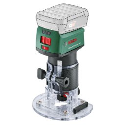 Masina de frezat pe acumulator Bosch AdvancedTrimRouter 06039D5000, 18 V, 30.000 RPM, 38 mm cursa maxima, 6/8 mm bucsa elastica, limitator paralel, adaptor aspirare, freza de rotunjit, cheie fixa, fara acumulator/incarcator, Verde-Negru