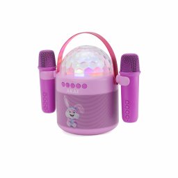 Boxa Karaoke cu doua microfoane fara fir, Akai JoyBoxKids, LED colorate, Bluetooth 6.0, design iepuras, Roz