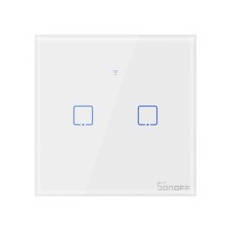 Intrerupator inteligent dublu cu touch Sonoff T1EU2C TX, 2 canale, Wi-Fi, compatibil Amazon Alexa si Google Assistant, sticla, Alb