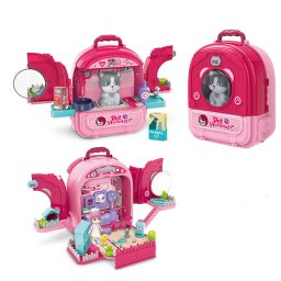 Jucarie 3 in 1 Set ghiozdan Rovo 997-2, Spital Pisica, Veterinar, 59 piese, Roz