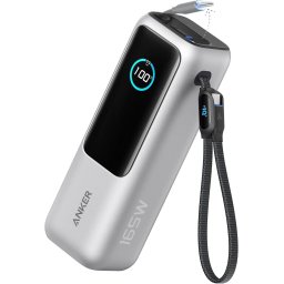 Acumulator extern Anker 25.000 mAh, 165W, 100W USB-C, cablu USB-C retractabil Argintiu