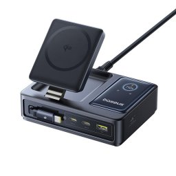 Statie de incarcare Baseus Nomos 5in1 Desktop Charger Qi2, 140W, Wireless Display Digital, Negru