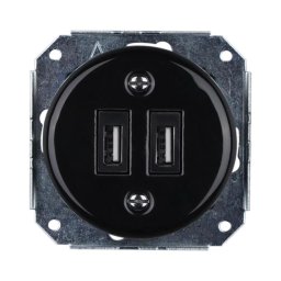 Bohemia-Design - Priză retro din porțelan, fără ramă, 2x USB-A pentru încărcare, neagră