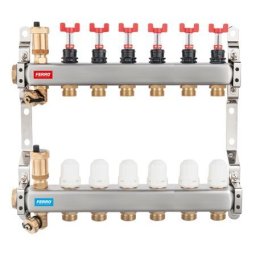 Distribuitor/colector Ferro tip SN-RZPU 1" din inox 6 circuite cu debitmetre si robineti termostatati