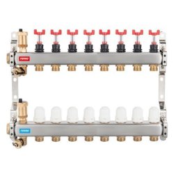 Distribuitor/colector Ferro tip SN-RZPU 1" din inox 8 circuite cu debitmetre si robineti termostatati
