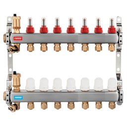 Distribuitor/colector 1" din inox 7 circuite cu debitmetre si robineti termostatati