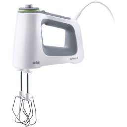 Mixer de mana Braun HM5100WH, 750 W, 9 viteze + Turbo, 2 palete, 2 carlige pentru aluat, Alb/Gri