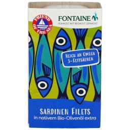 File de sardine, fara oase, cu piele, in ulei de masline bio 120g