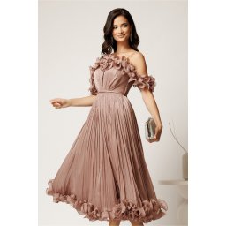 Rochie midi roz in clos din voal satinat cu volanase la bust si la baza