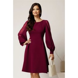 Rochie DY Fashion scurta magenta din stofa in clini cu maneci din tull cu buline