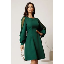 Rochie DY Fashion scurta verde din stofa in clini cu maneci din tull cu buline