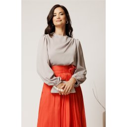 Bluza DY Fashion gri din triplu voal cu pliuri pe umar