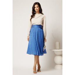 Fusta DY Fashion midi albastra in clos din voal cu insertii din fir lurex si floare in talie